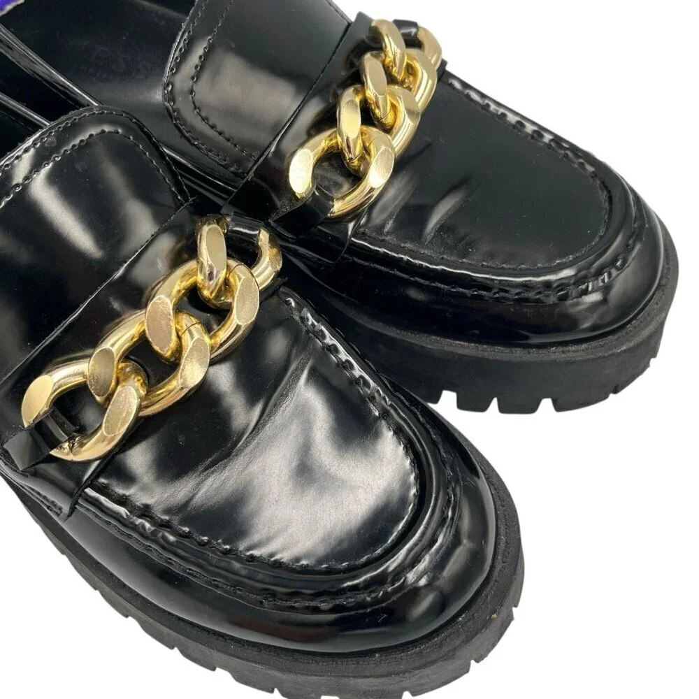 GUESS Womens 8.5 M Hillford Chunky Black Patent Leather Platform Loafer Lug Sole